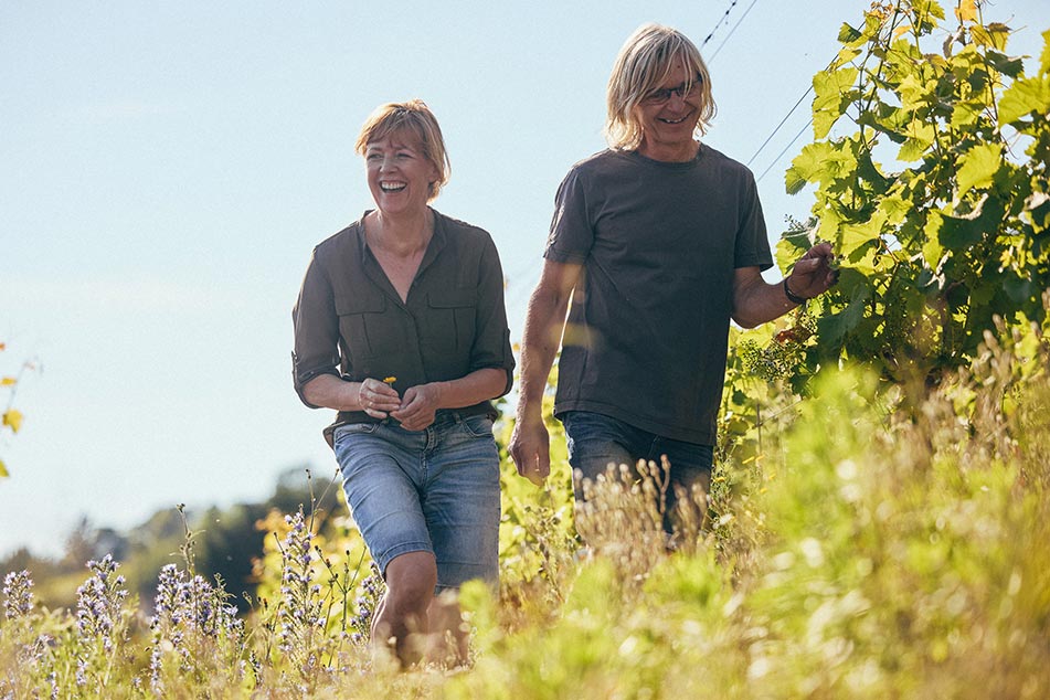 Weinmacher auf dem Weinberg unterwegs